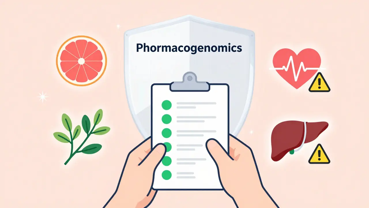 Person with medication list surrounded by interaction icons, protected by a glowing pharmacogenomics shield.