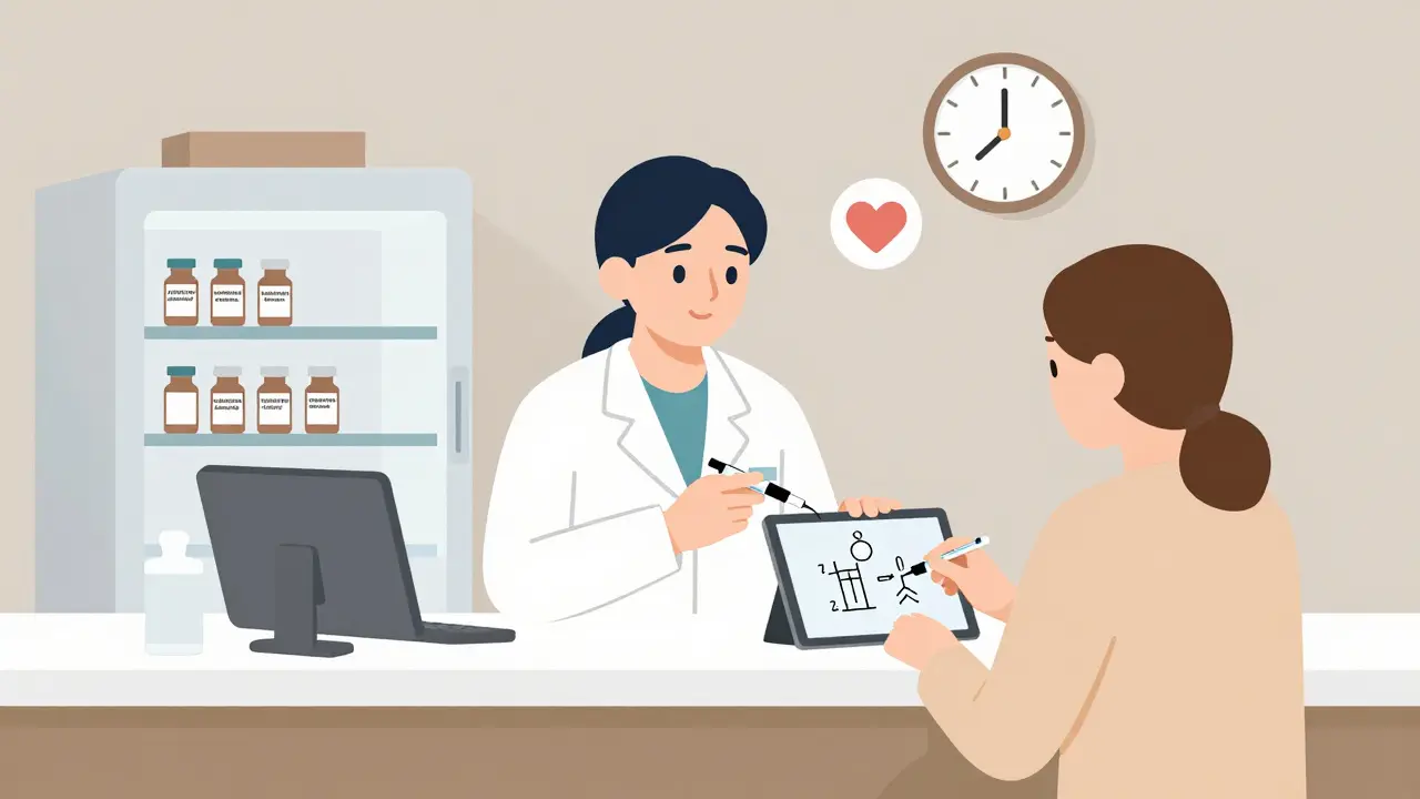 Pharmacist teaches patient how to inject a specialty medication using a visual aid.