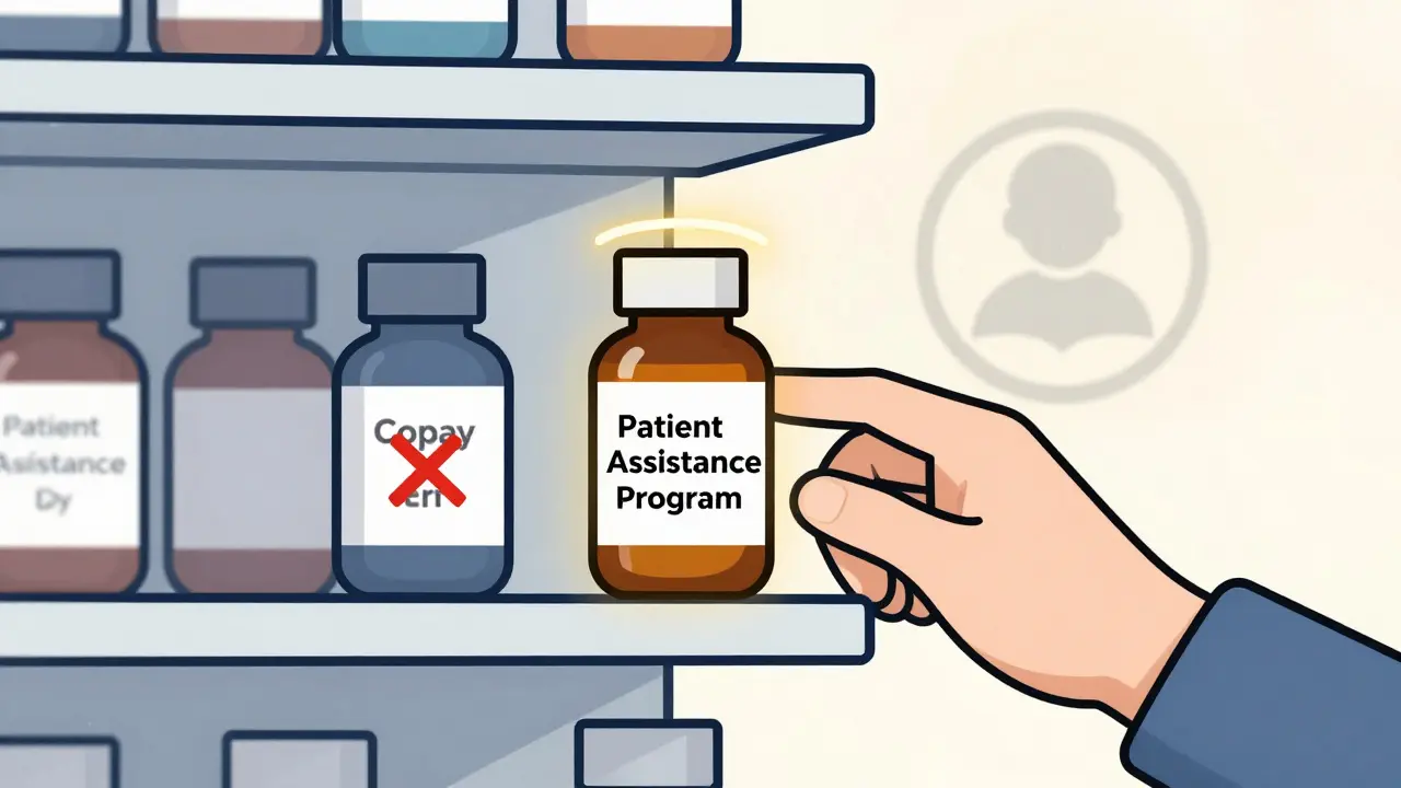 Pharmacy shelf with one bottle glowing as 'Patient Assistance Program' over a faded insurance icon.