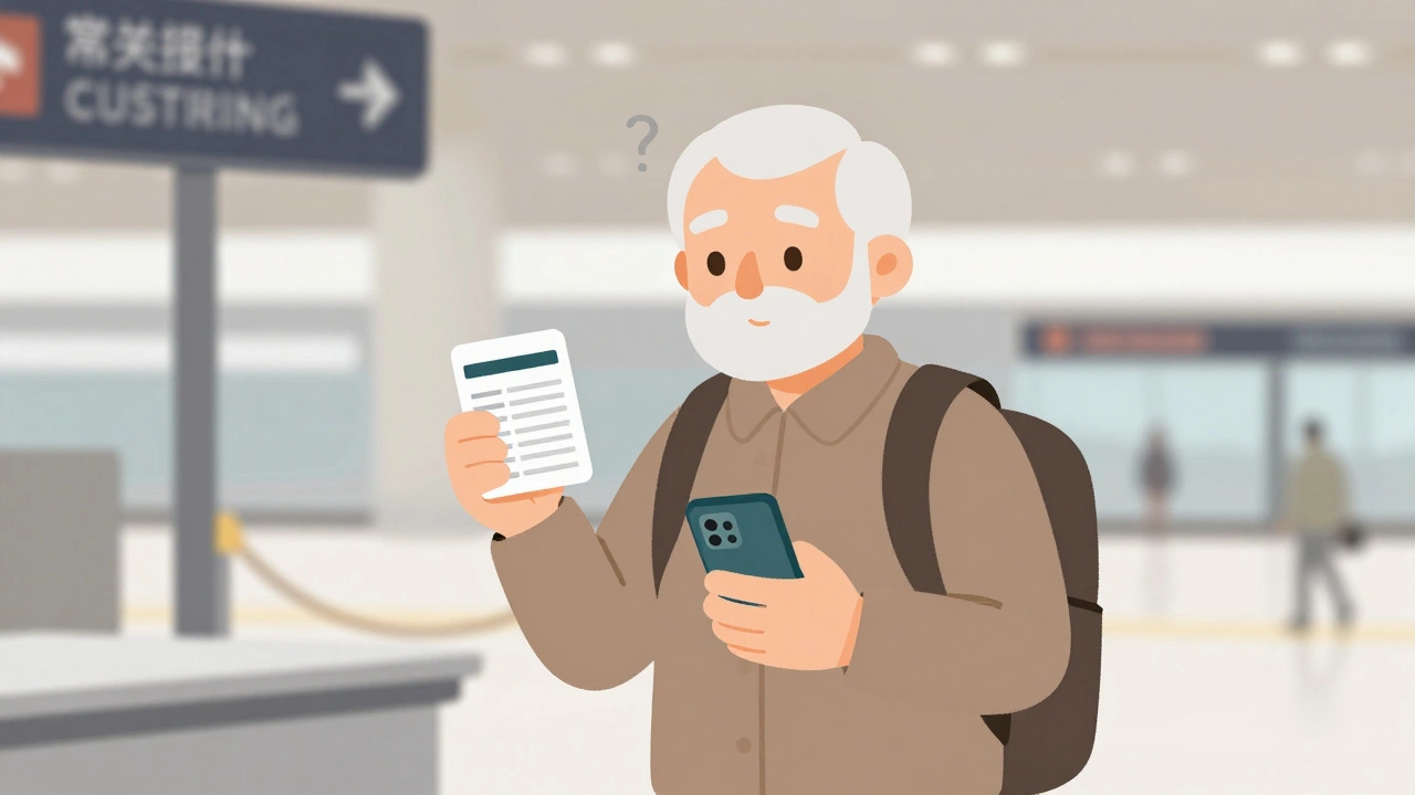 Senior traveler with medication card and app at airport customs