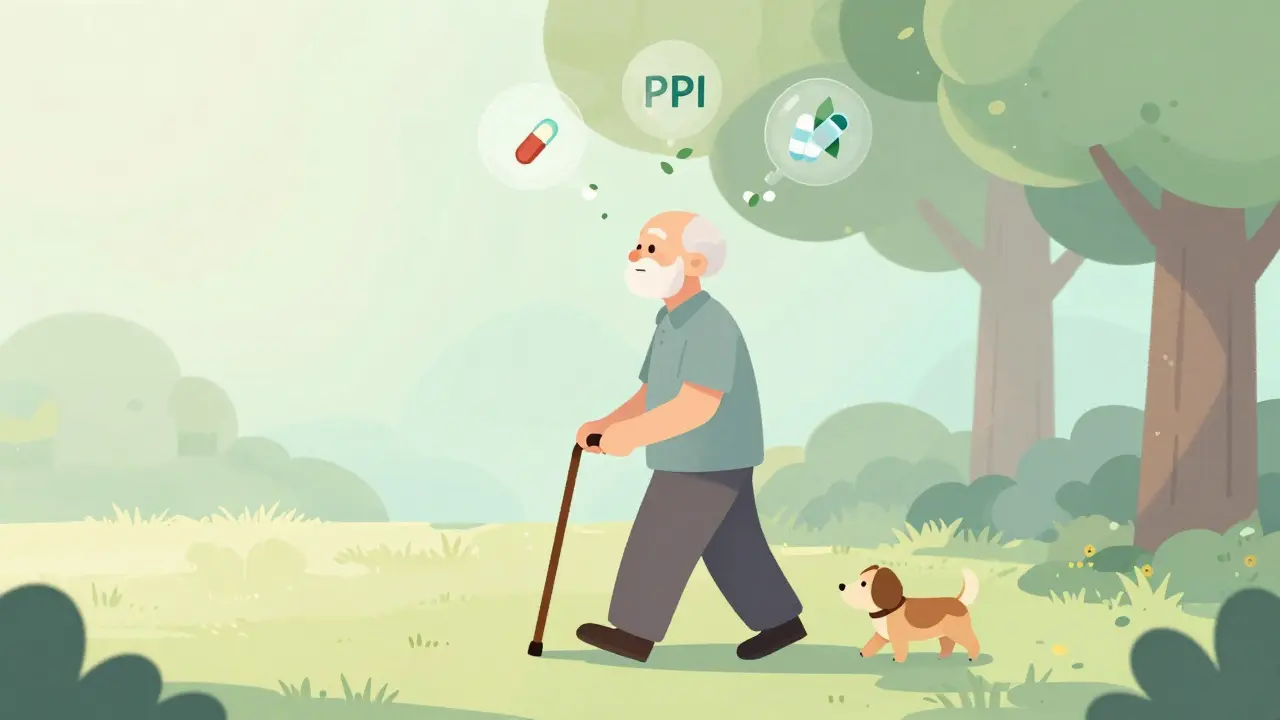 Senior walking in park with dissolving medication icons above them and a dog by their side.
