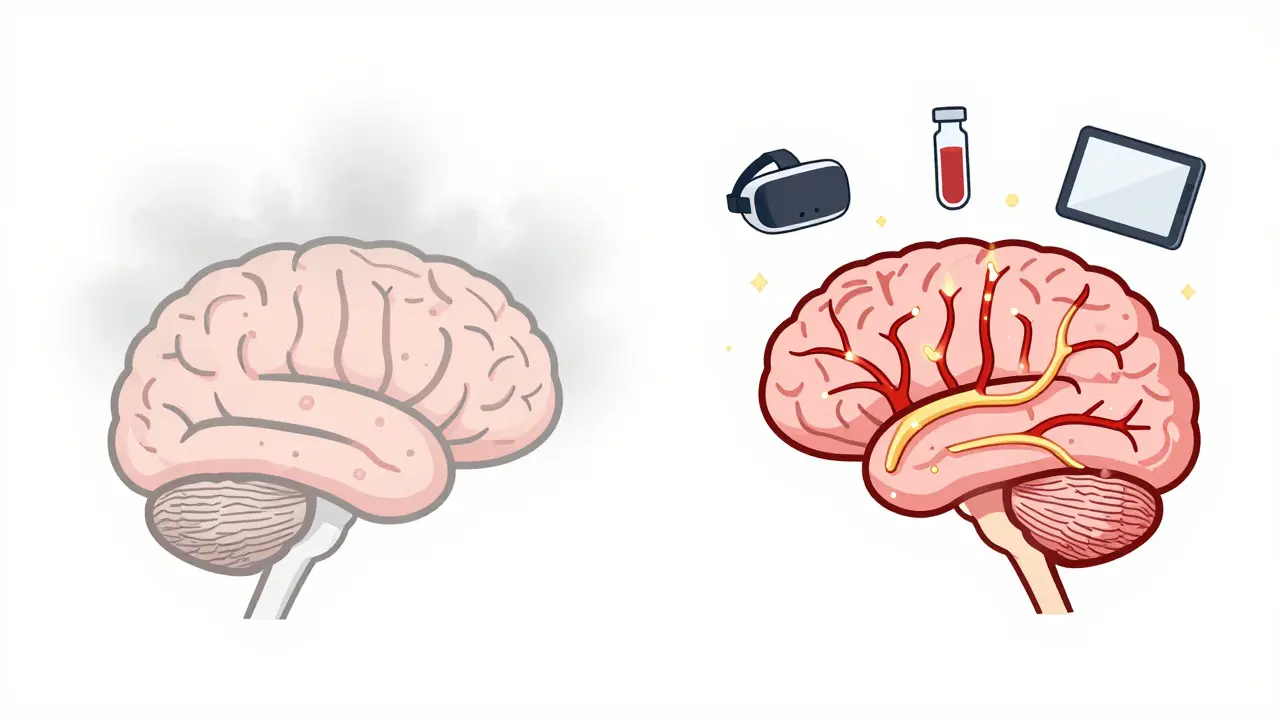 Side-by-side brain illustrations showing normal aging versus early cognitive decline with digital tool indicators.