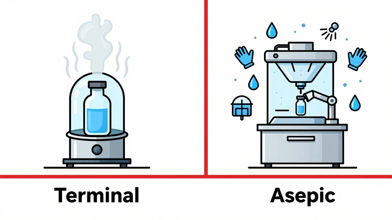 Side-by-side minimalist icons showing terminal sterilization and aseptic processing methods for injectables.