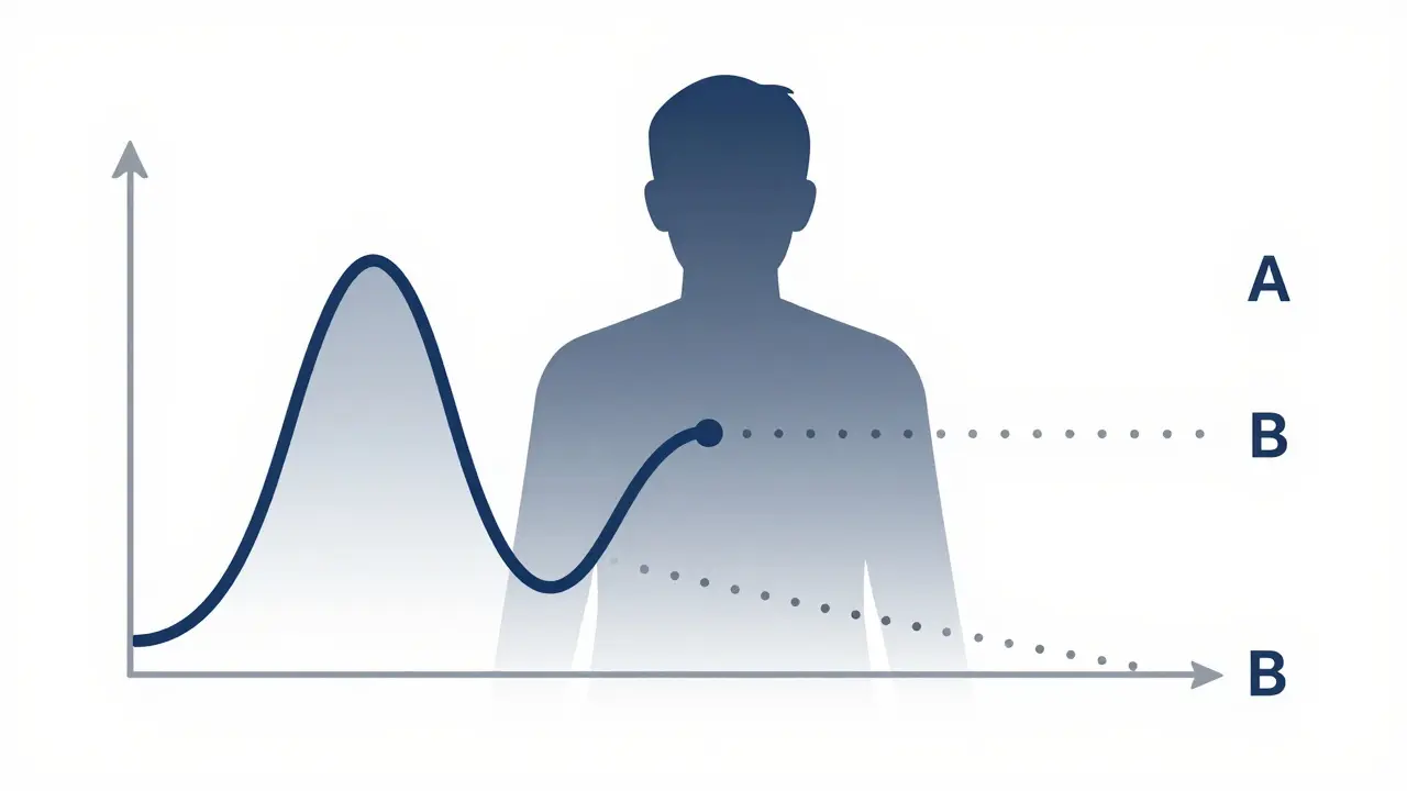 Simplified line graph over a human silhouette showing drug concentration rising and falling during a washout period.