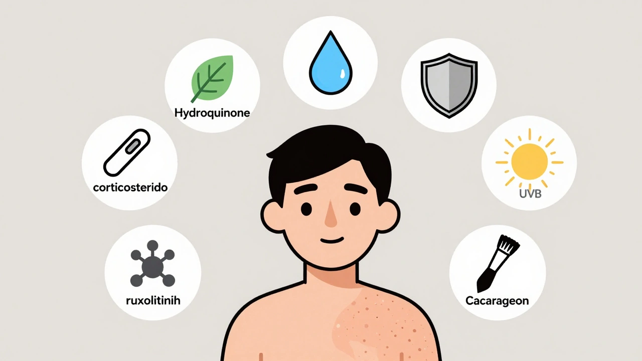 Six vitiligo treatment options shown as icons around a person with one colored skin patch.