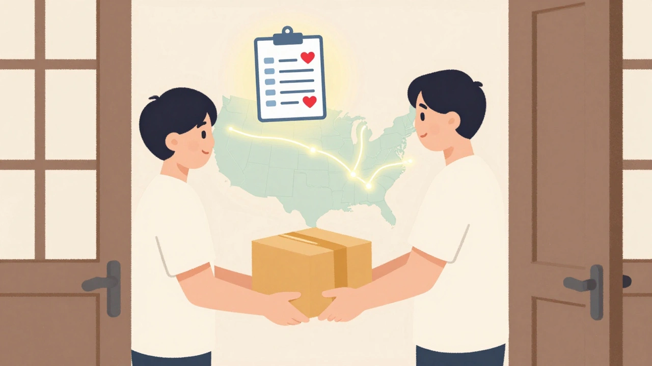 Someone receiving medication delivery with a pharmacist icon nearby