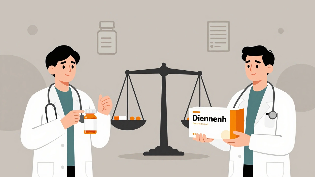 Split scene comparing small monthly drug orders to large bulk purchases with price difference shown on a scale.