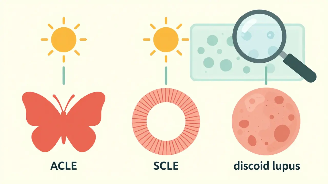 Three abstract lupus rash types connected by UV rays, with a magnifying glass over a skin biopsy.