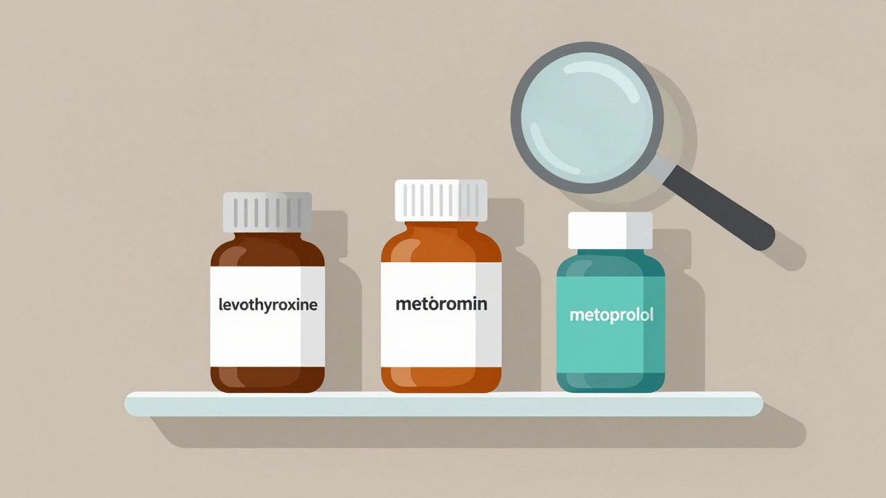 Three generic pill bottles with subtle design differences shown side by side