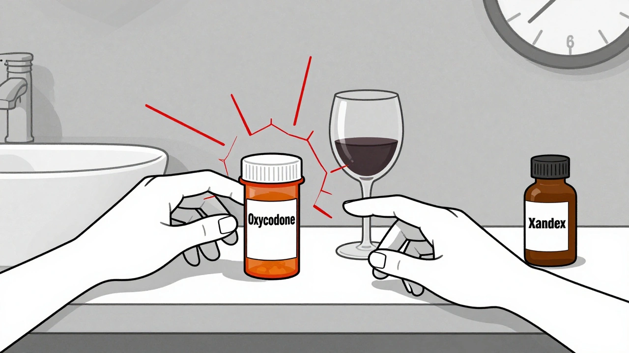 Two hands reaching for opioids and benzodiazepines while alcohol and antihistamines sit nearby, with warning lines radiating outward.