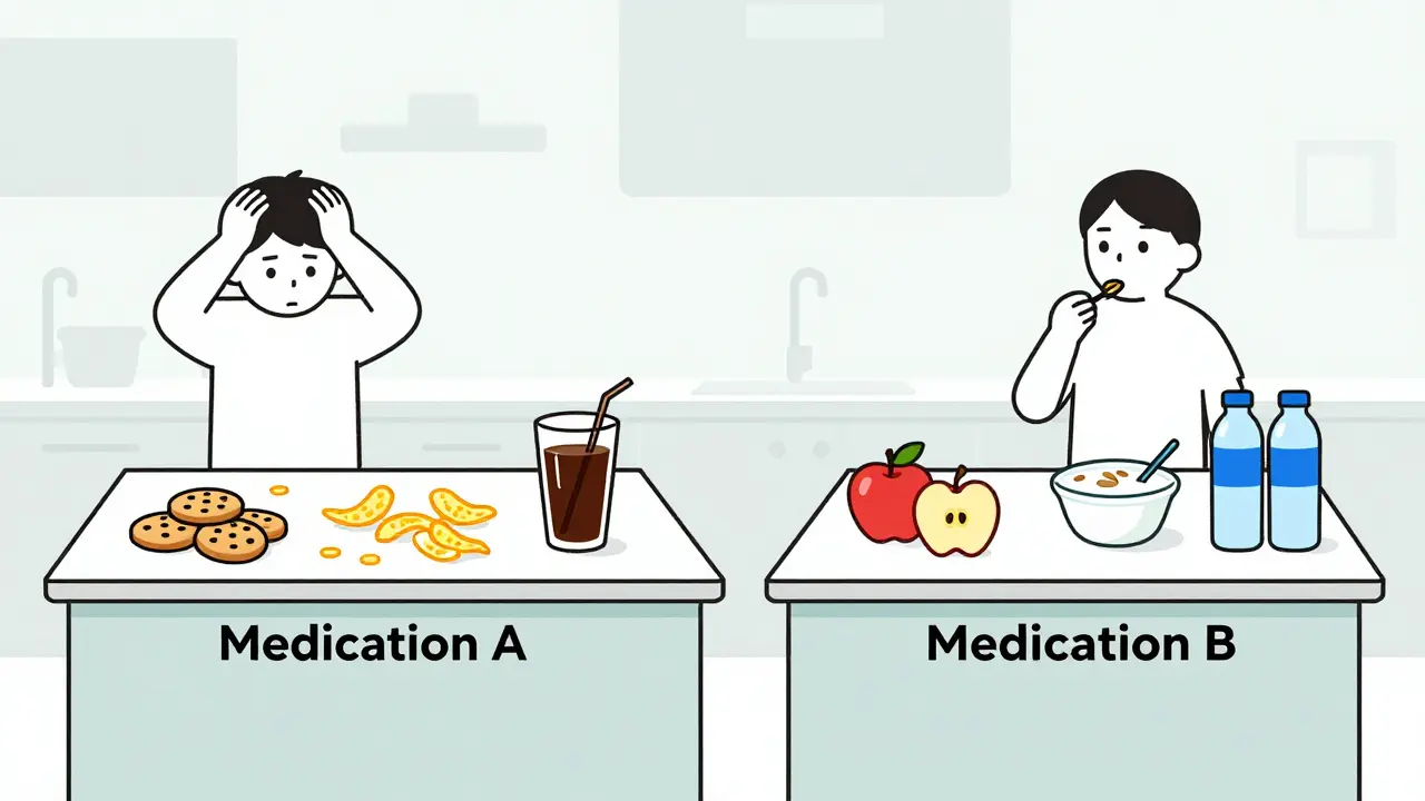 Two kitchen counters show contrasting food choices linked to different medications.