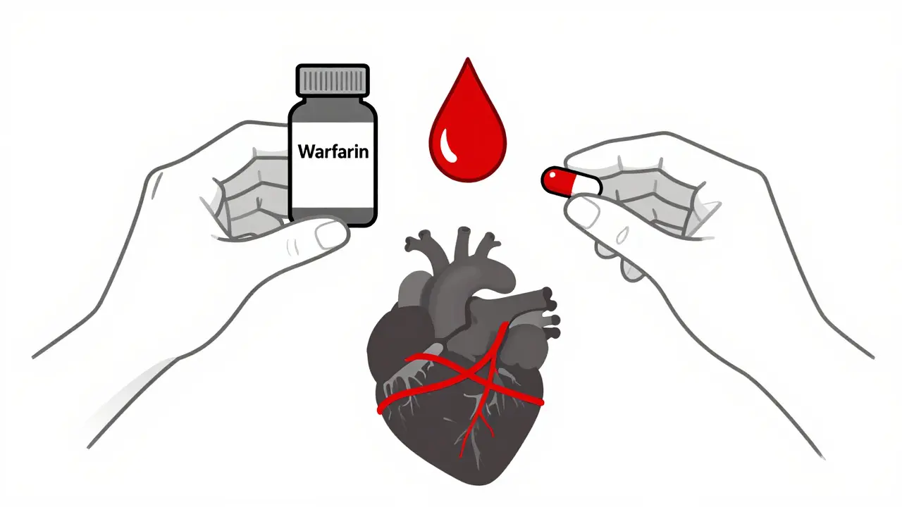 Two medications held above a heart, with red symbols indicating increased bleeding risk from drug interaction.