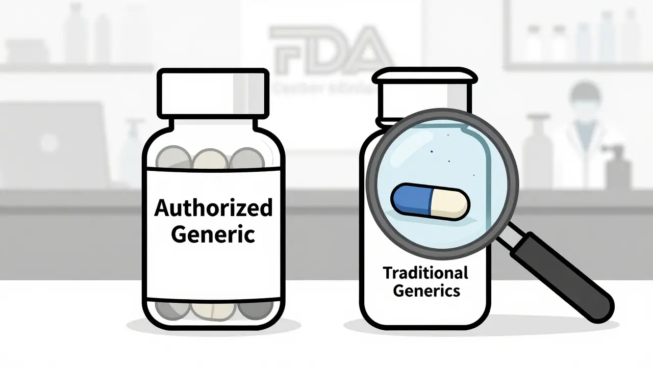 Two medicine bottles with differently colored pills inside, showing generic formulation differences.