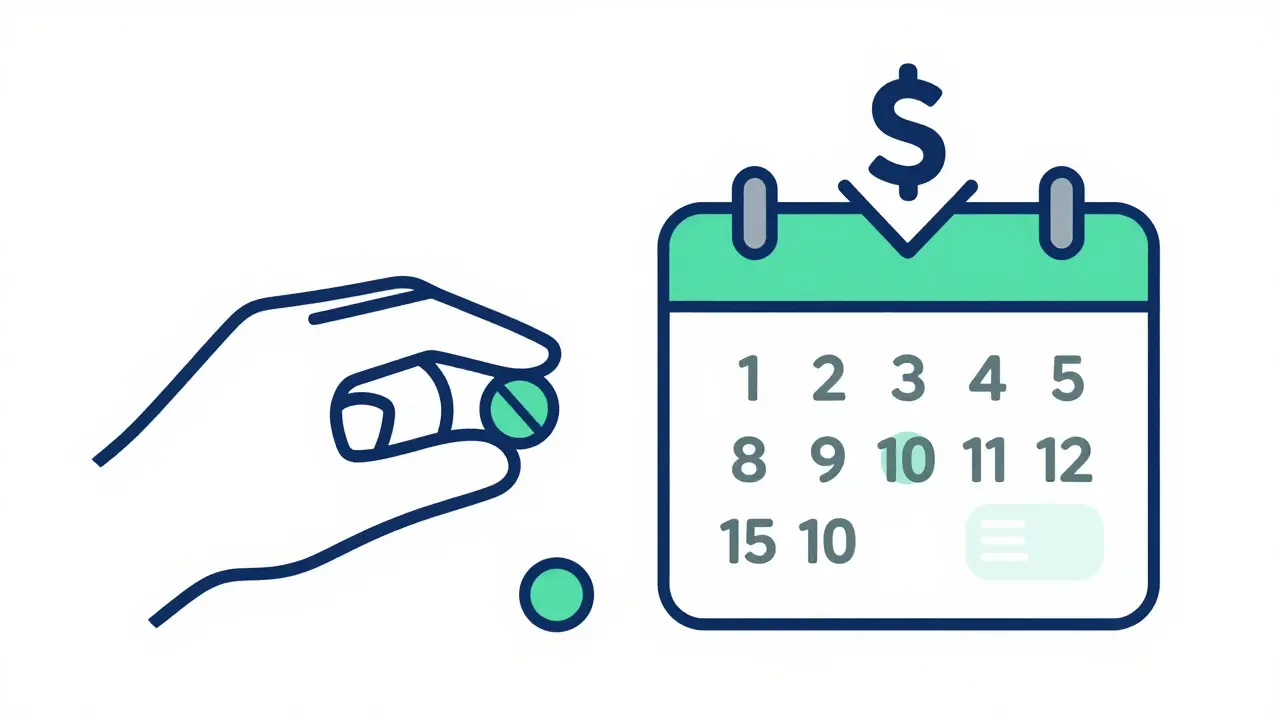 Two pills beside a calendar showing 12 refill dates vs. four aligned dates.