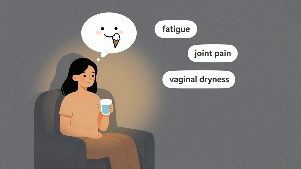 Woman alone with dryness symptoms floating around her, minimalist illustration.