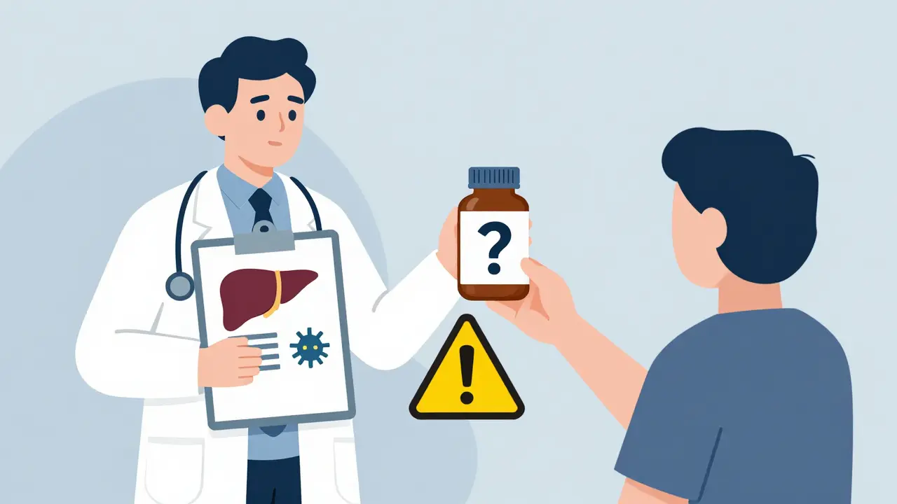 A doctor stopping a patient from taking a green tea extract bottle with a caution sign, icons of heart and cancer visible.