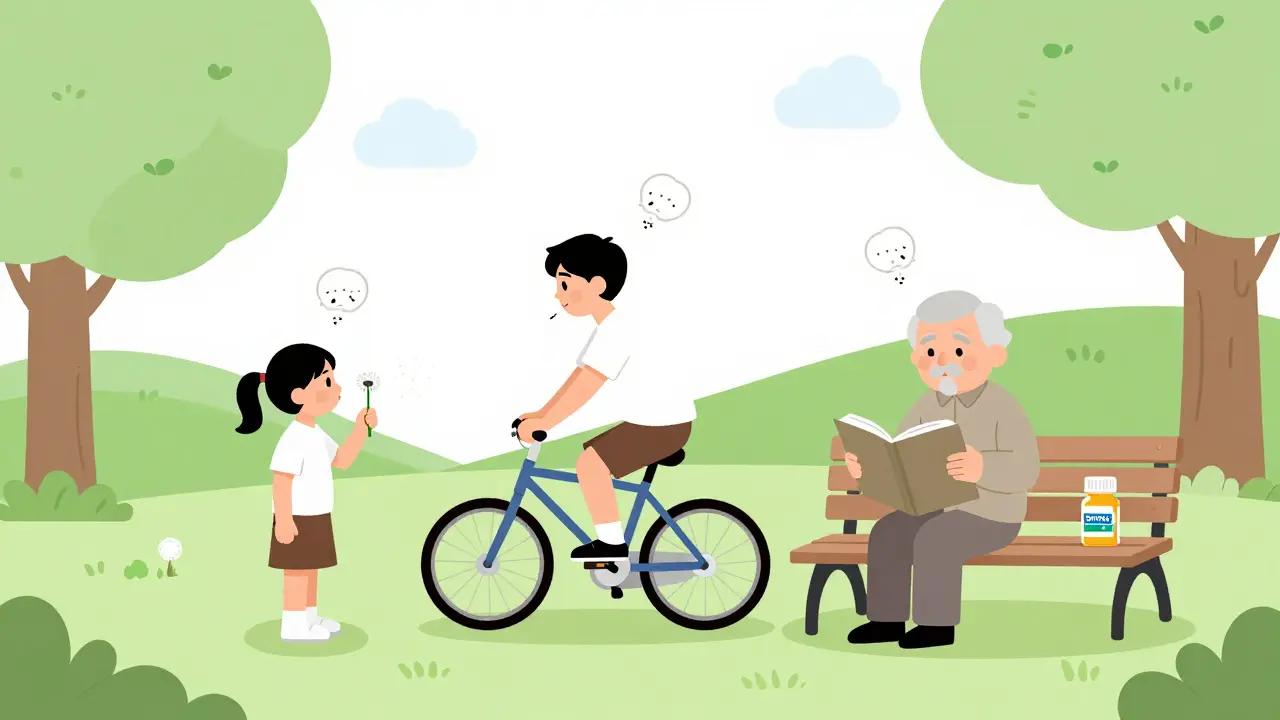 A family enjoys spring outdoors, with pollen symbols above them and an unused Zyrtec bottle on a bench.