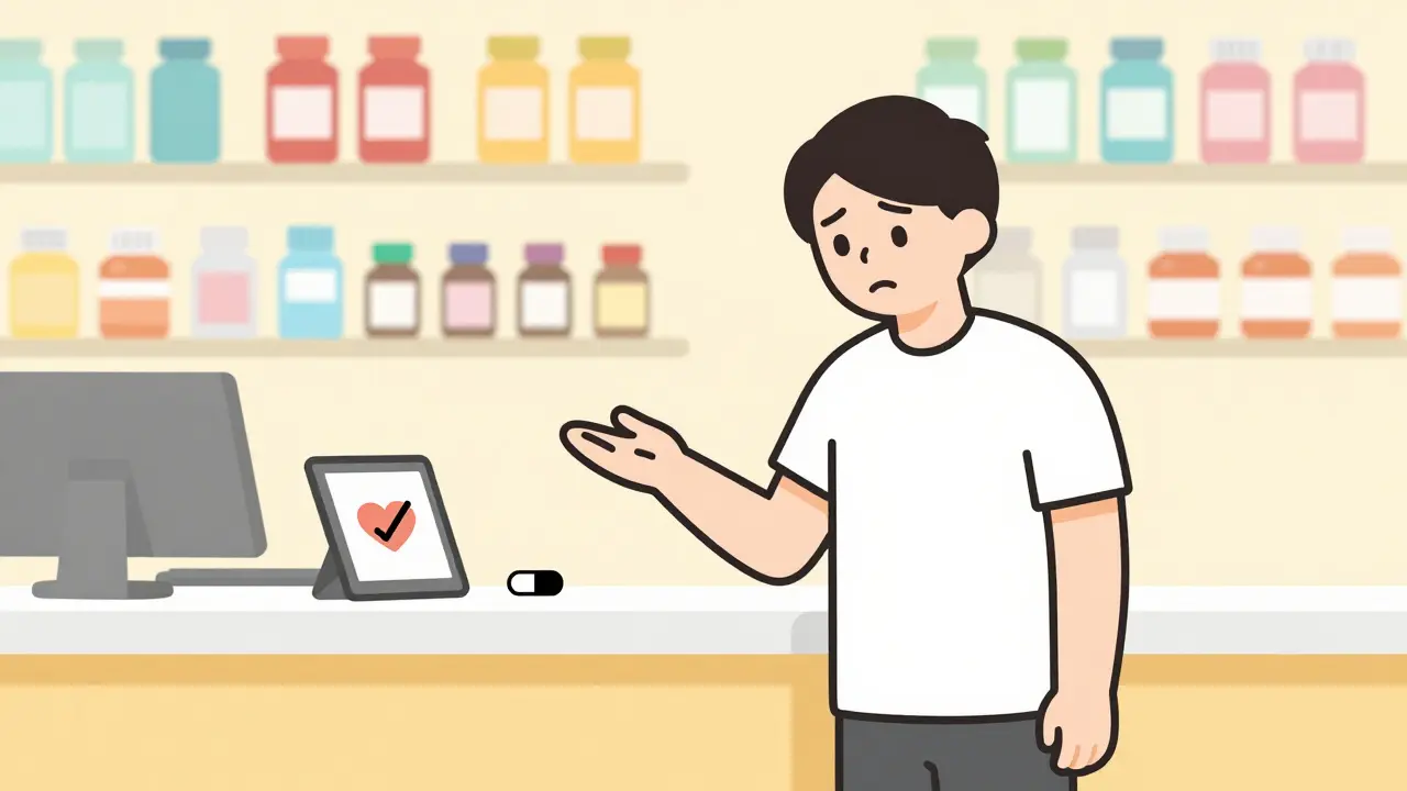 A patient watches a generic pill roll away, surrounded by mismatched pill bottles, as a simple trust icon appears on a tablet.