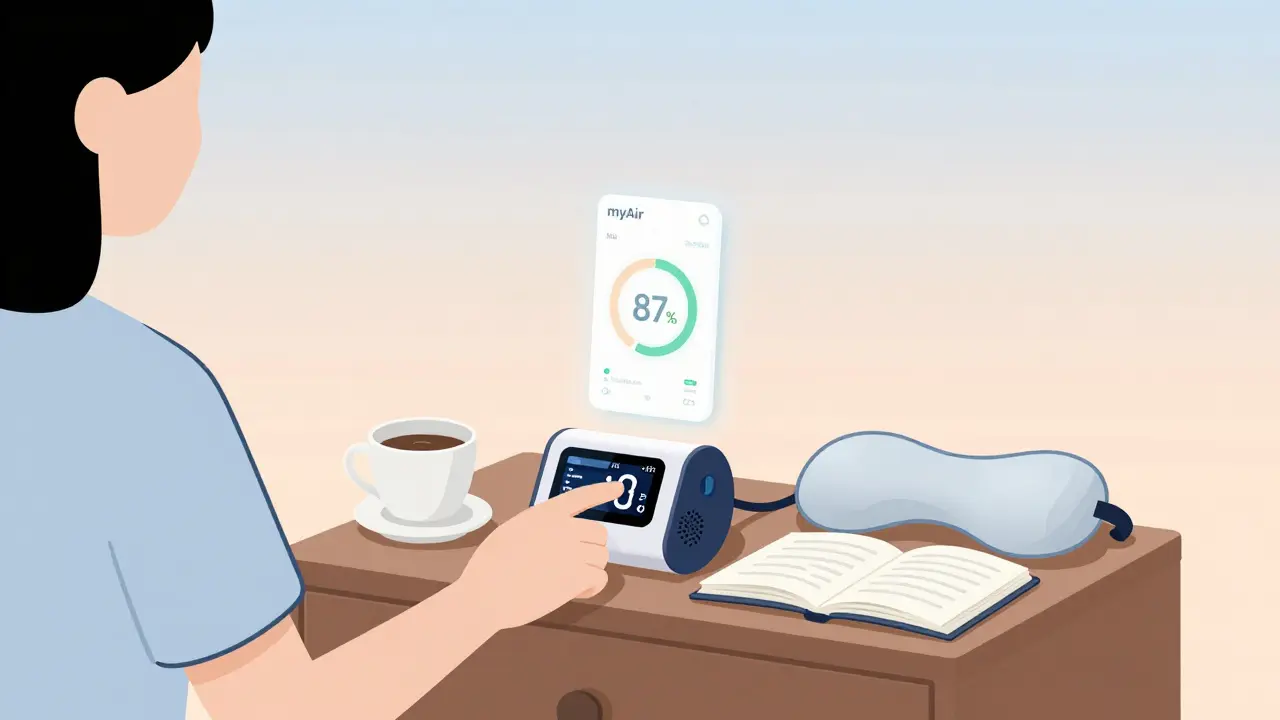 A person placing a travel CPAP on a nightstand with a sleep app glowing above, beside a pillow and book.