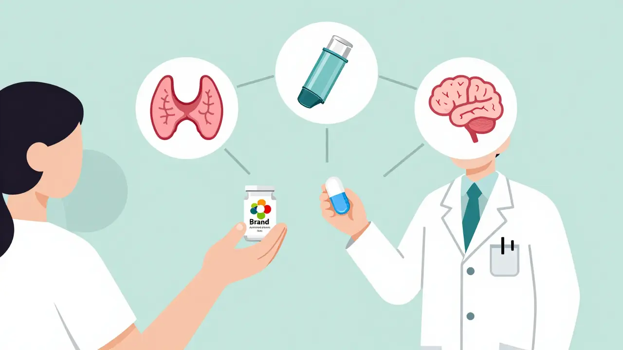 A pharmacist giving two identical pills—one with a brand label, one plain—with medical symbols nearby.