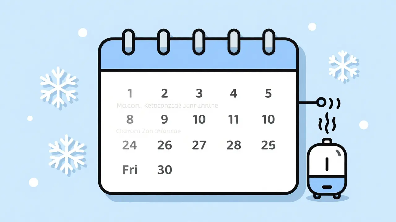 Calendar showing shampoo rotation with seasonal triggers for seborrheic dermatitis.