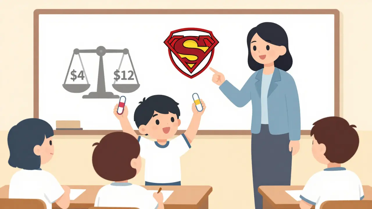 Child comparing two pills in classroom with FDA superhero badge on wall.