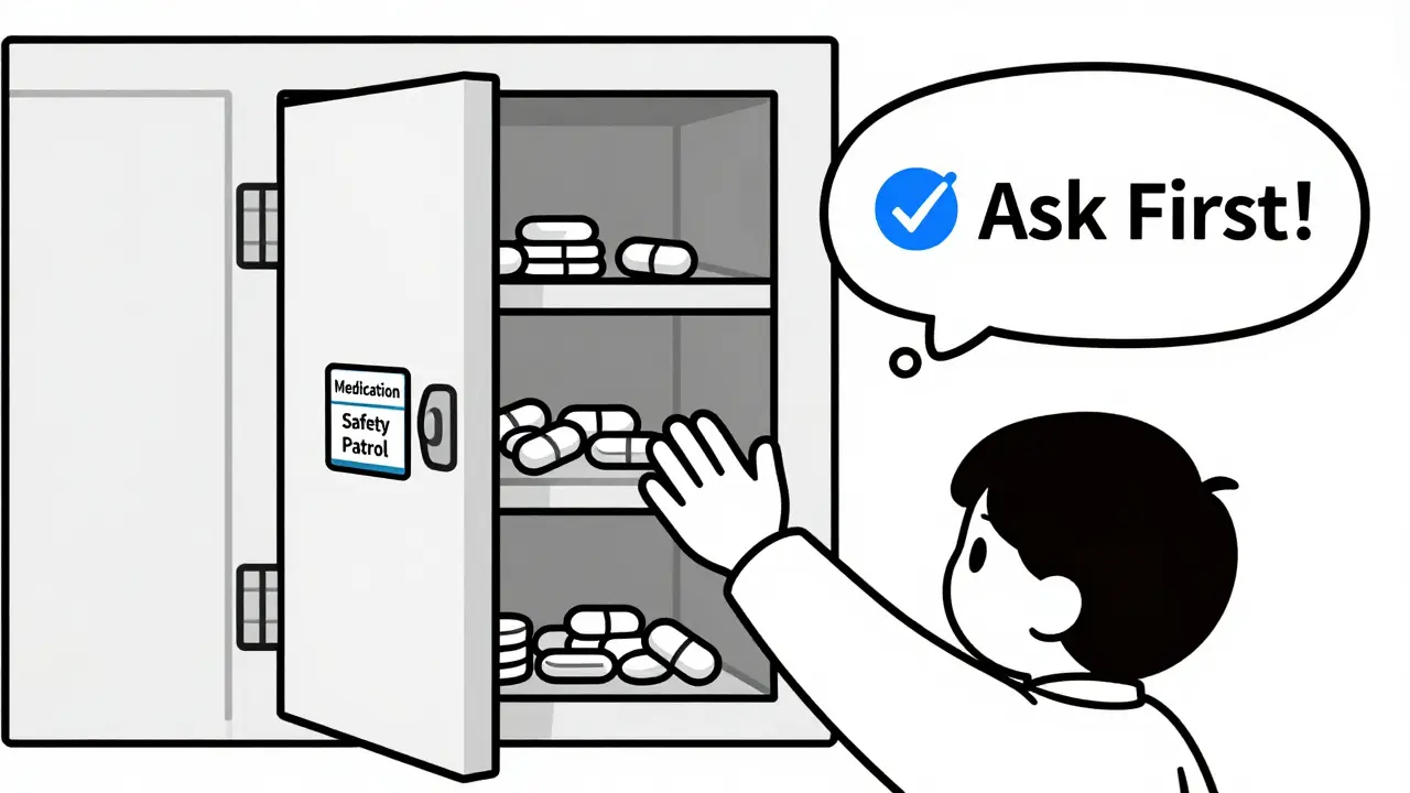 Child hesitating to open locked medicine cabinet with 'Ask First!' thought bubble.