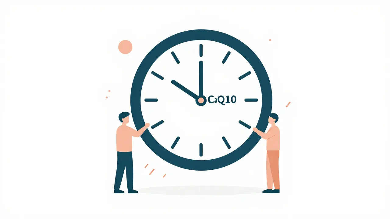 Clock with 4-12 weeks labeled as a person gains energy, with CoQ10 capsule at center.