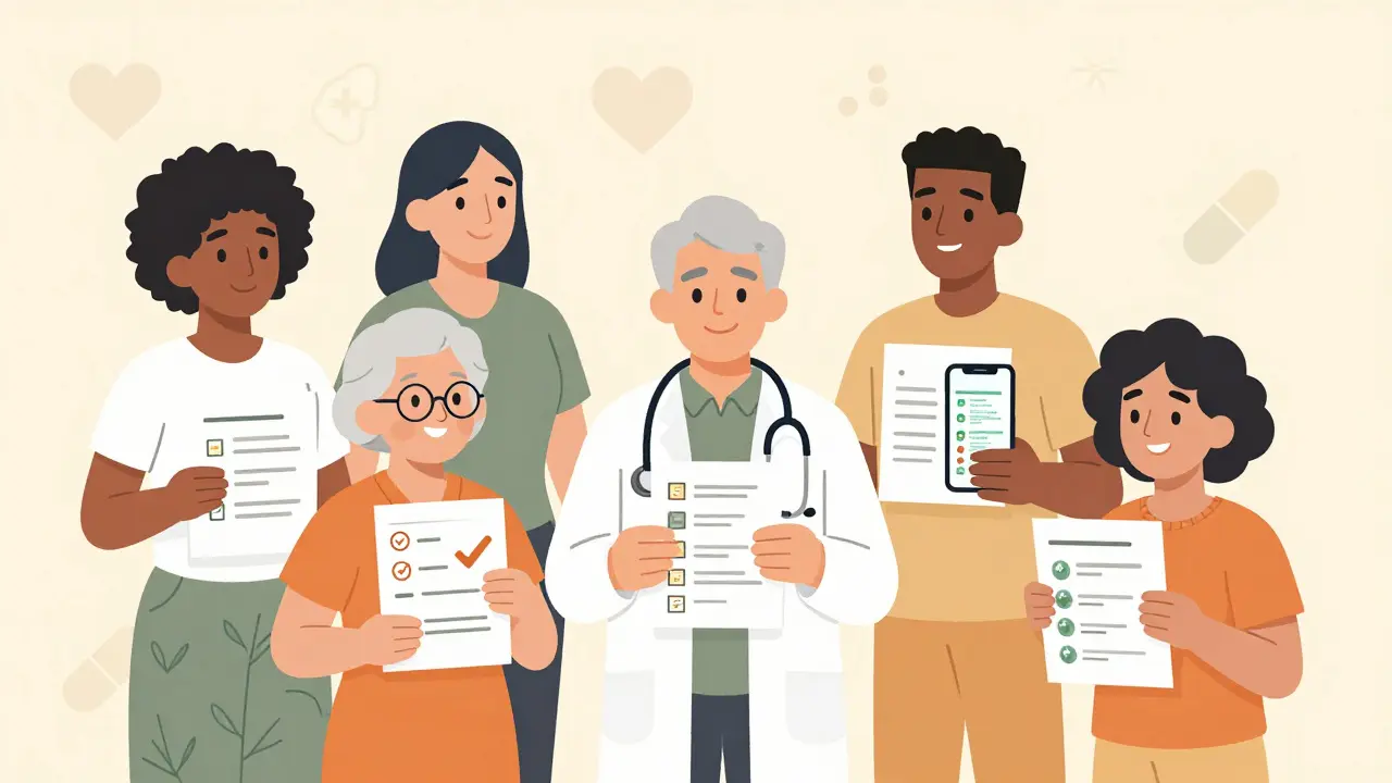 Diverse group holding illustrated medication guides with icons and simple words.