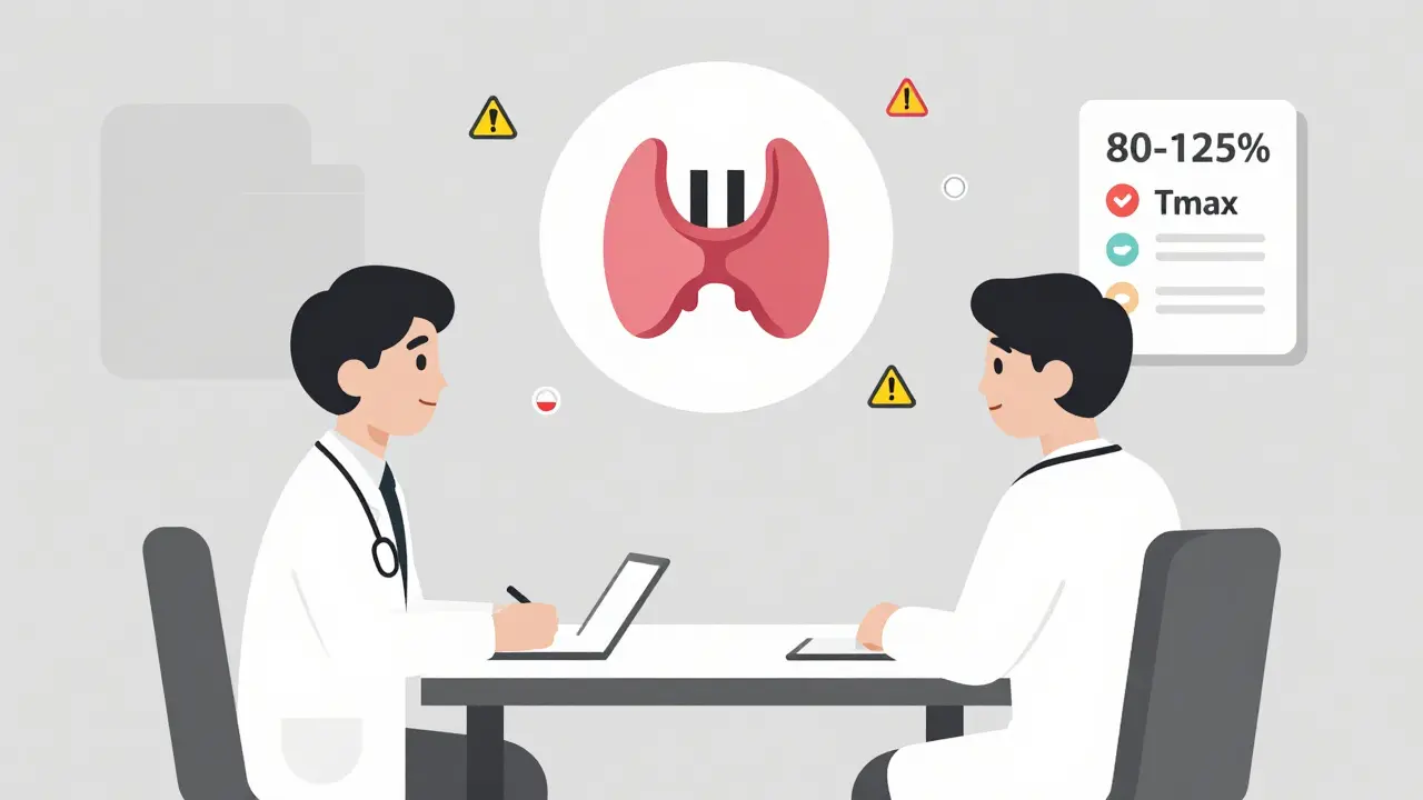 Doctor and patient discussing generics, with thyroid icon and narrow therapeutic index drug warnings nearby.