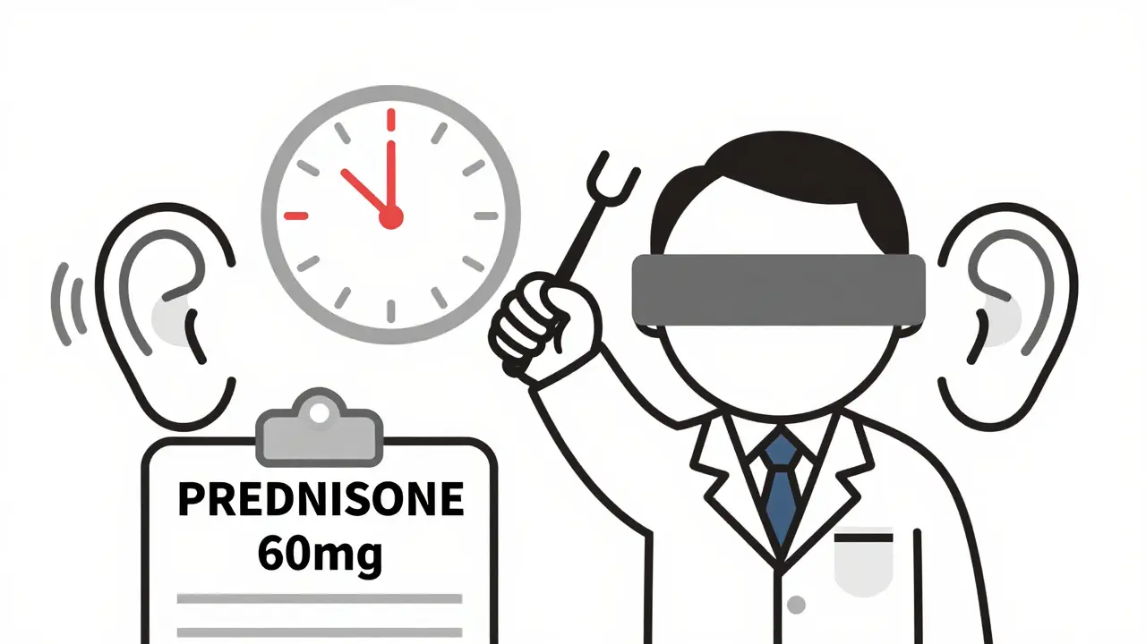 Doctor using tuning fork to test hearing, one ear blocked, prescription for prednisone visible.