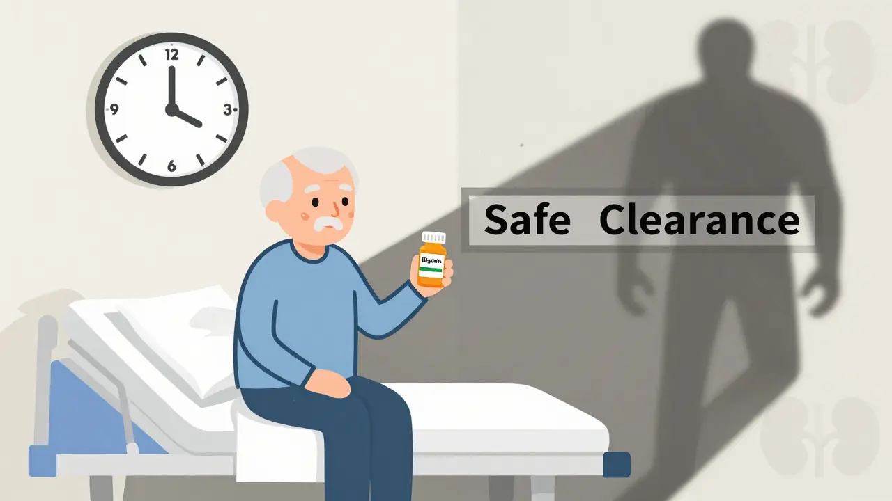 Elderly patient with a clock showing 1–2 weeks, shadowed by amiodarone blocking safe drug clearance.