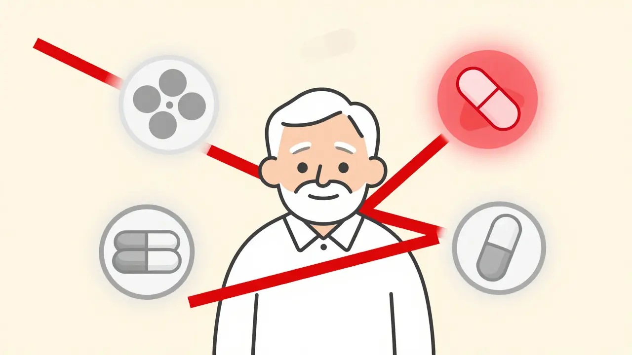 Elderly person surrounded by floating meds connected by red warning lines, highlighting drug interactions.