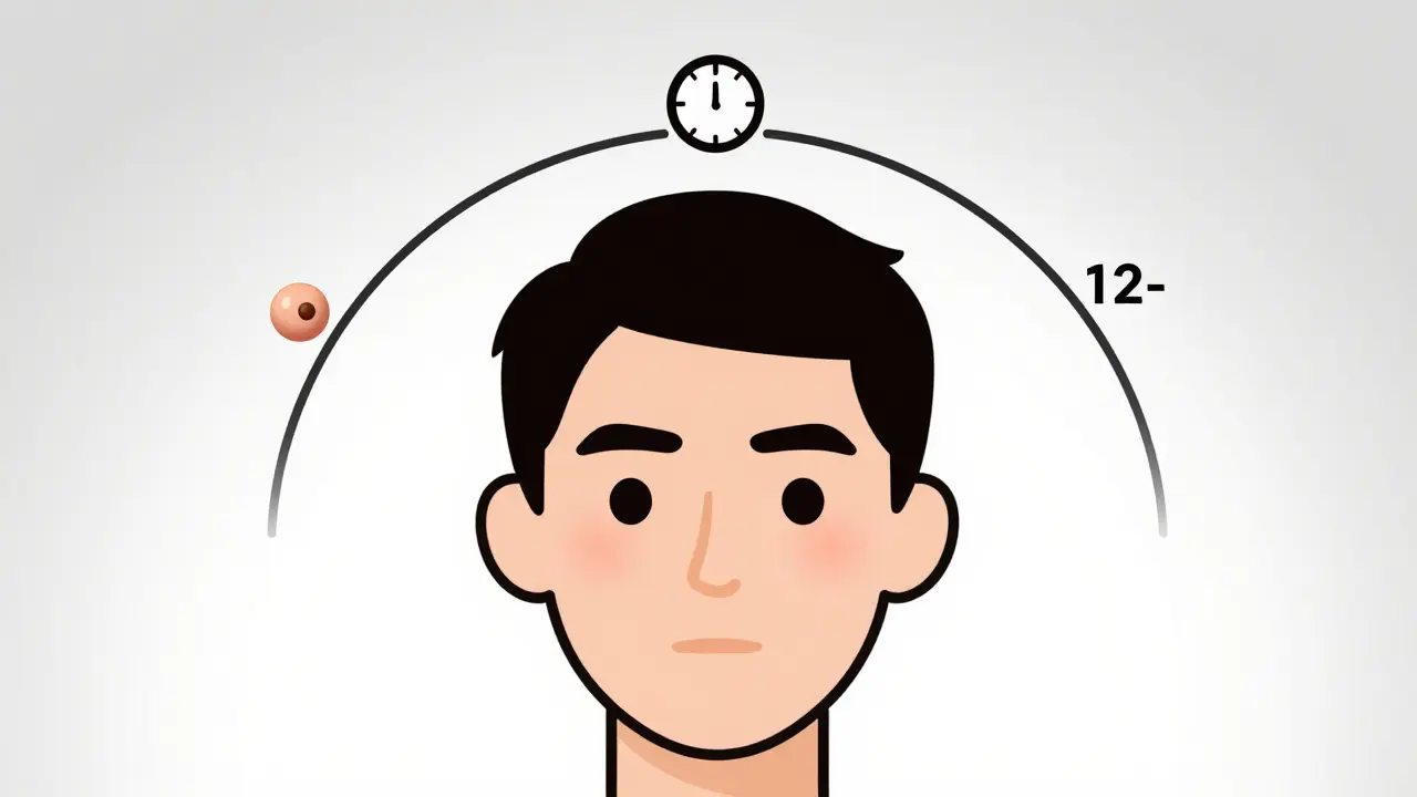 Facial timeline illustration showing acne improvement over 12 weeks with key milestones marked.