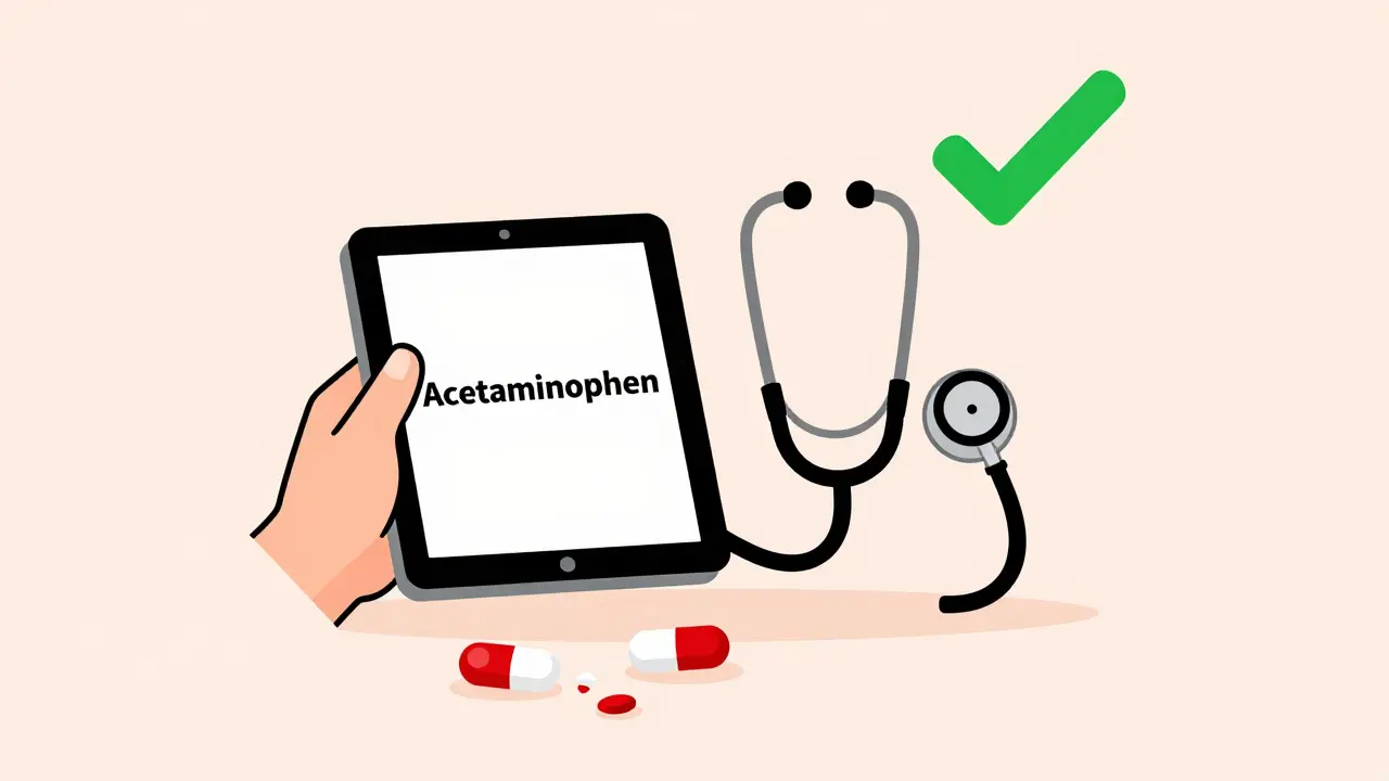Hand holding safe acetaminophen pill while broken fluoroquinolone and NSAID pills lie discarded.
