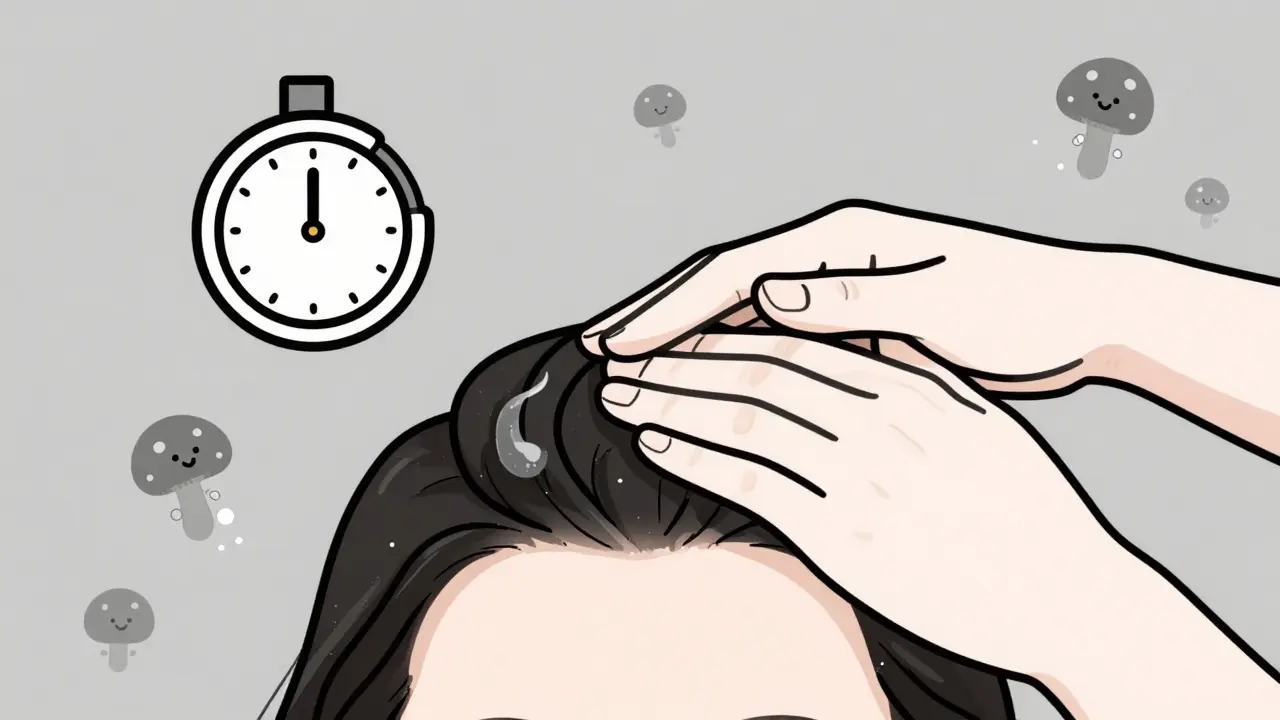 Hand massaging scalp with yeast cells and timer, symbolizing proper shampoo use.
