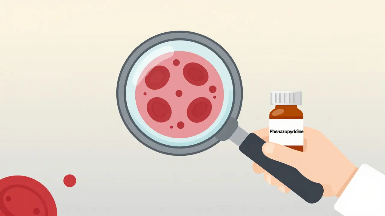 Magnifying glass revealing Heinz bodies in red blood cells, with a prescription bottle visible.