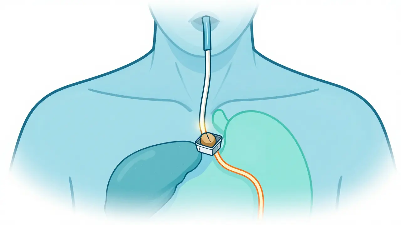 Minimalist ERCP procedure diagram showing a tube extracting a stone from a bile duct with dye flow.