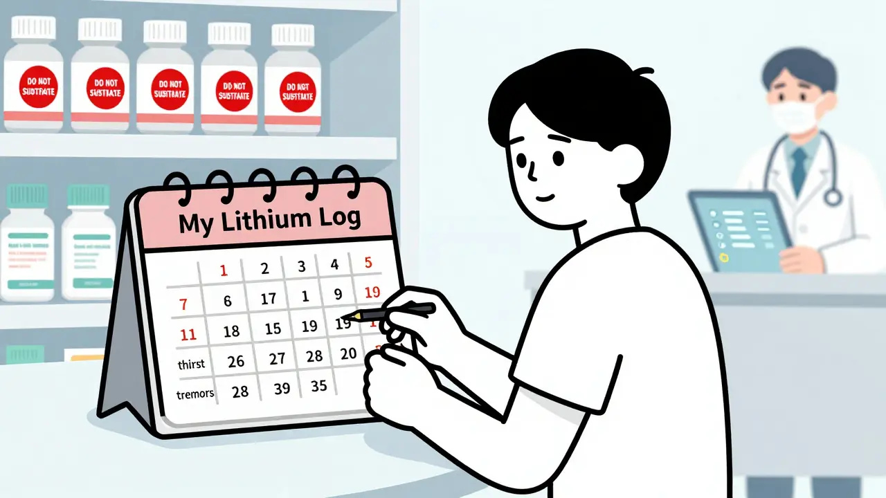 Patient keeping a lithium log with blood test calendar, pharmacy bottles marked 'do not substitute'.