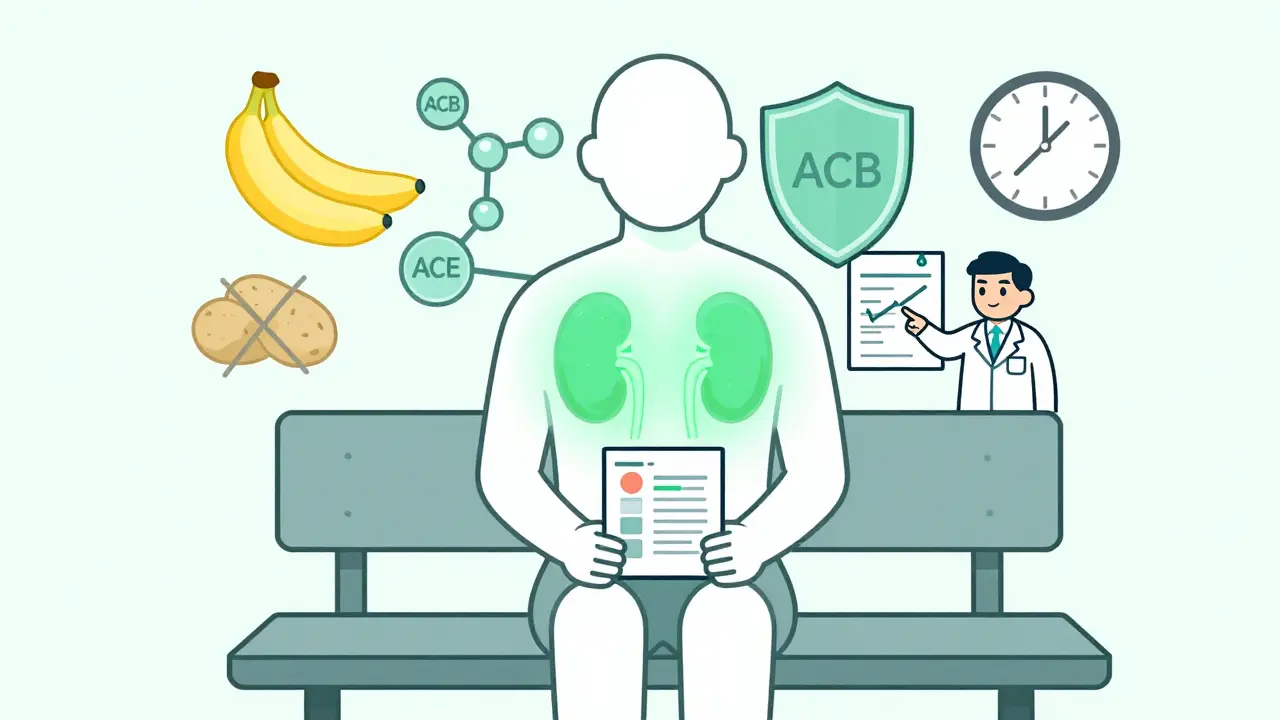 Patient with shielded kidneys and stable test results, avoiding high-potassium foods