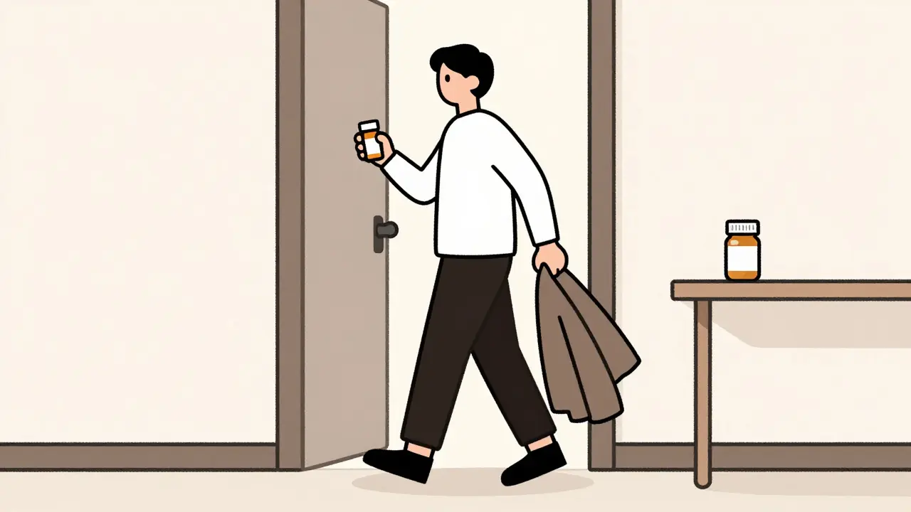 Person arriving home and taking pill while removing coat