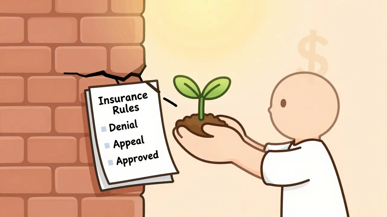 Person growing plant through insurance rules wall with appeal papers stacked below.