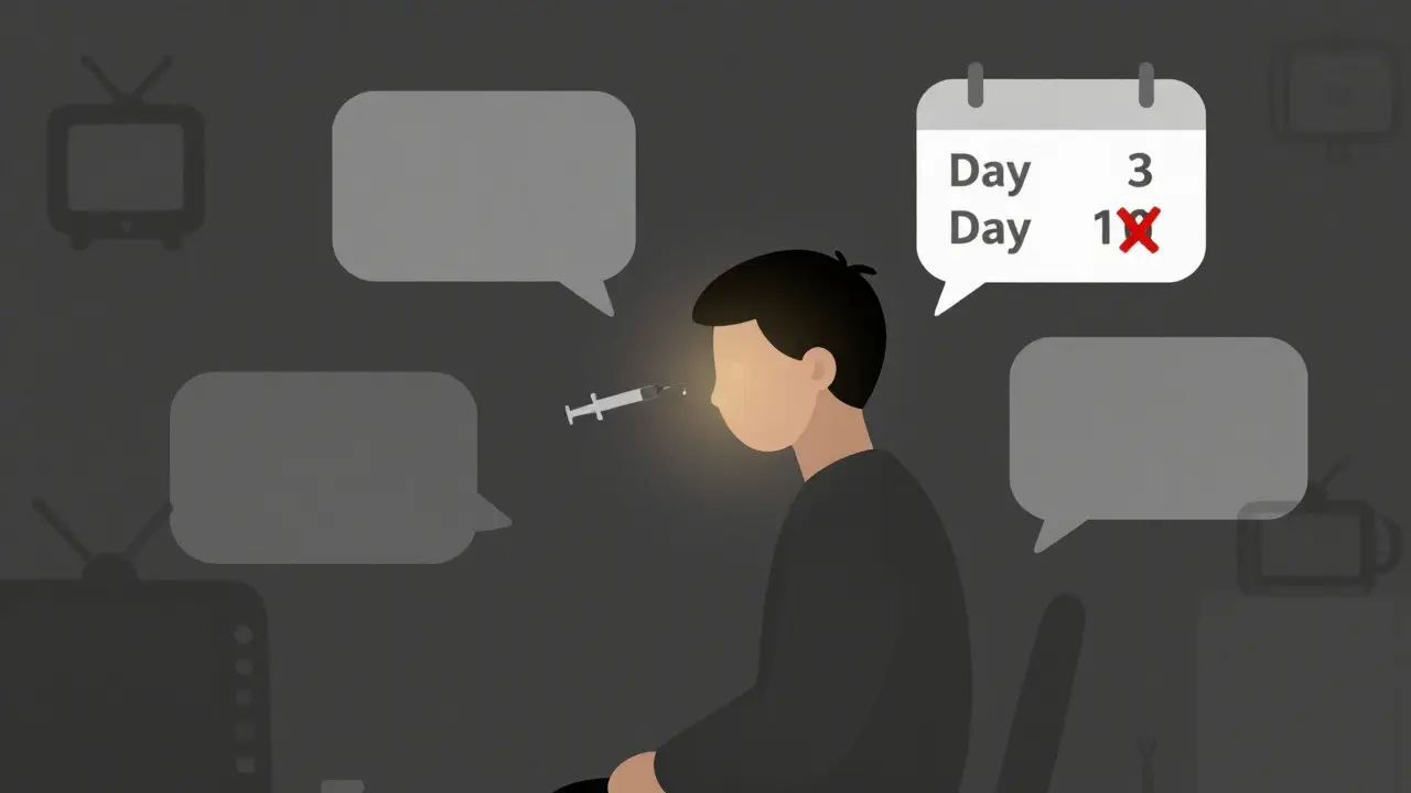 Person isolated in room, muted sounds around them, steroid injection restoring hearing in one ear.