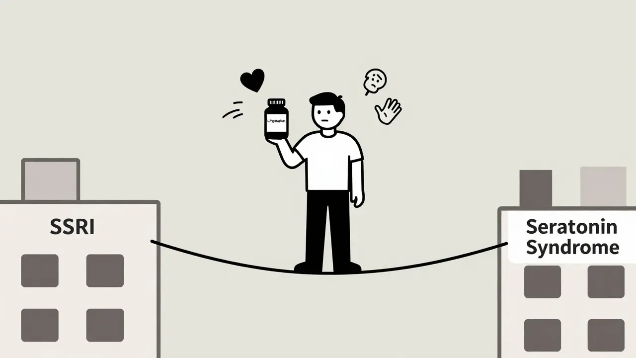 Person on tightrope between SSRI and serotonin syndrome symptoms, holding tryptophan supplement bottle