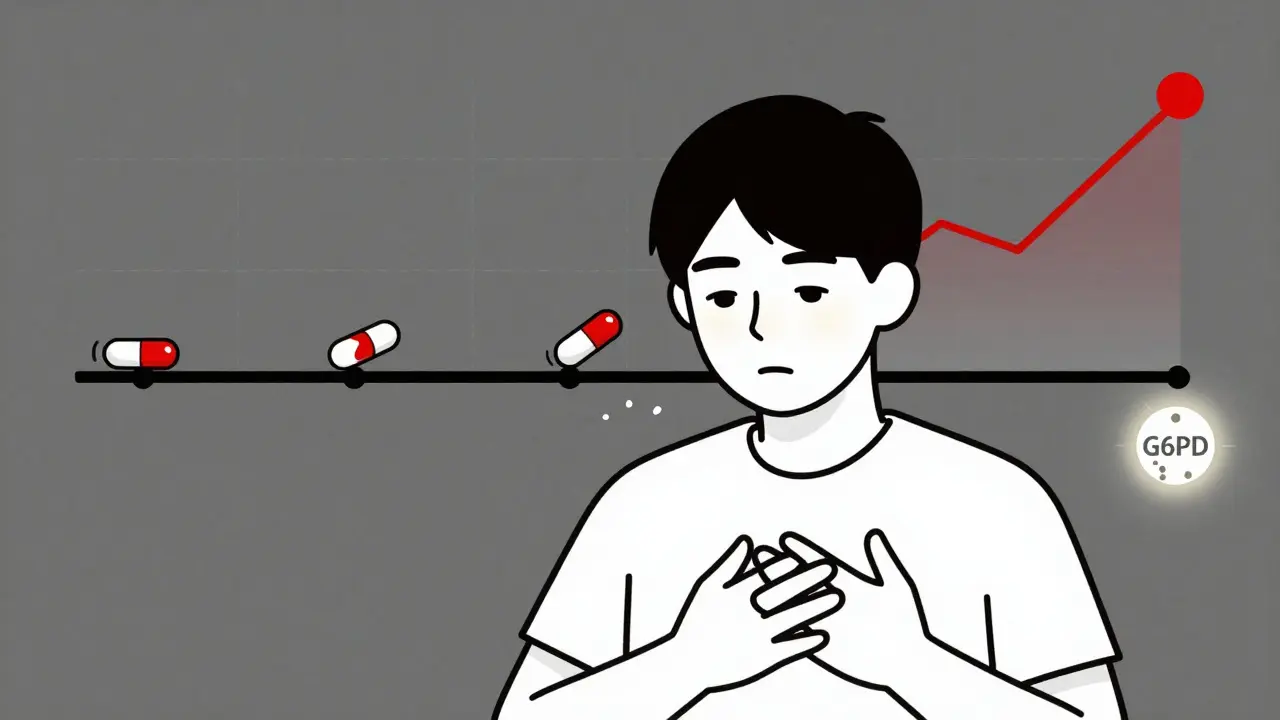 Person with symptoms of anemia, pills being removed over time, and rising hemoglobin line.