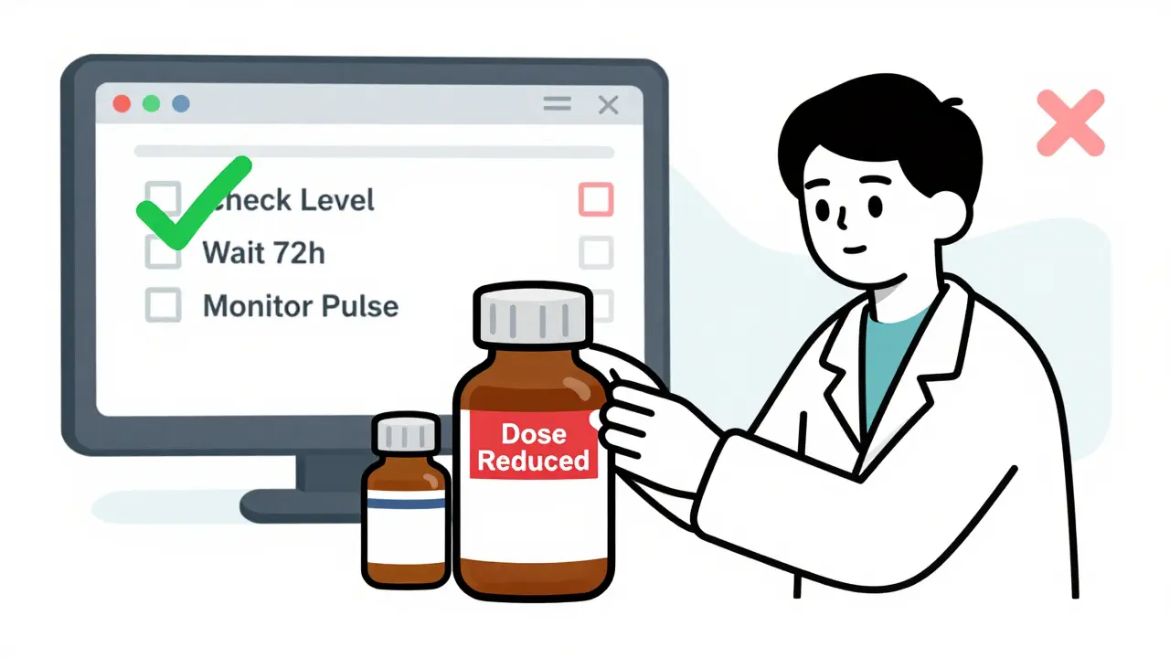 Pharmacist applying a dose-reduction sticker to digoxin with an EHR alert visible in the background.