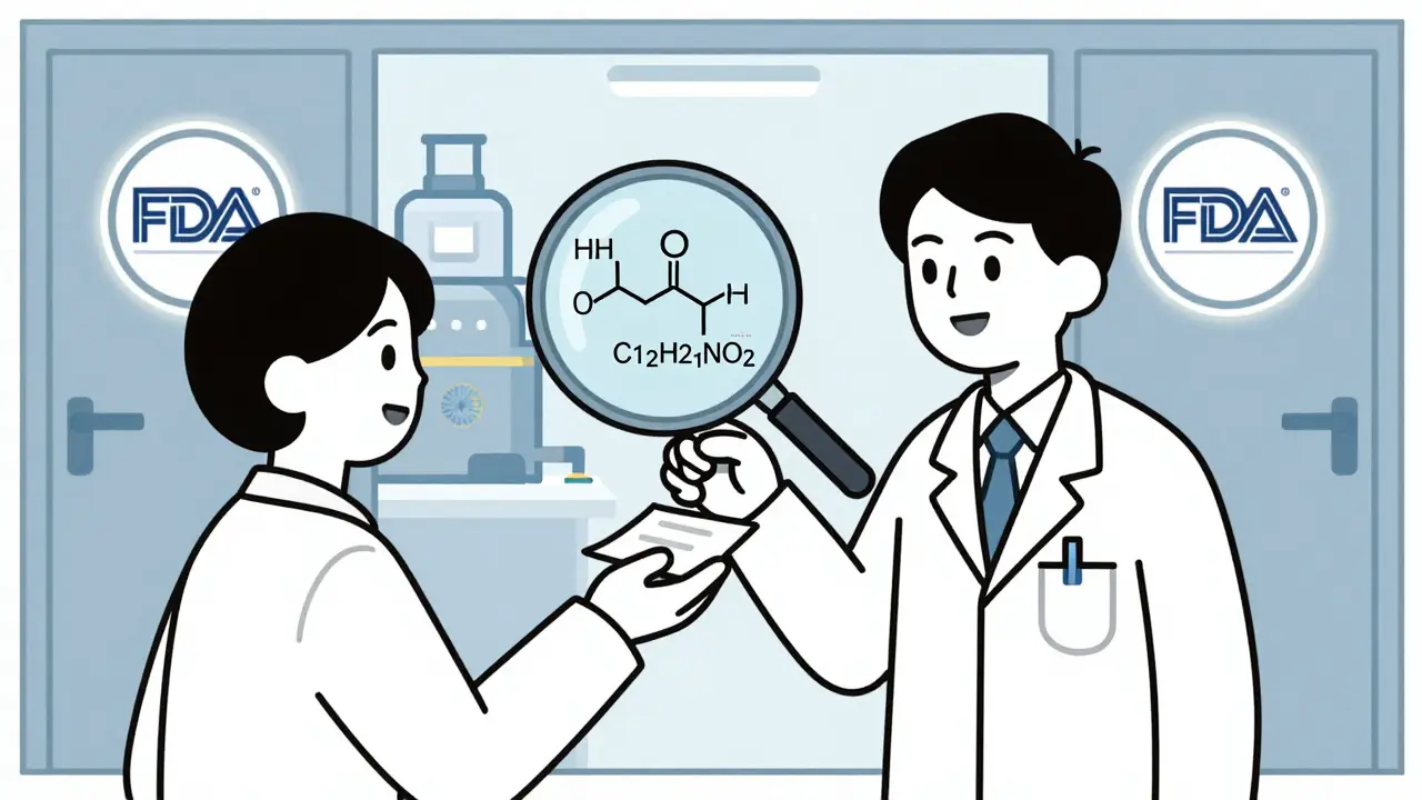Pharmacist giving a generic pill to a patient, with a magnifying glass revealing bioequivalence and global factories in background.