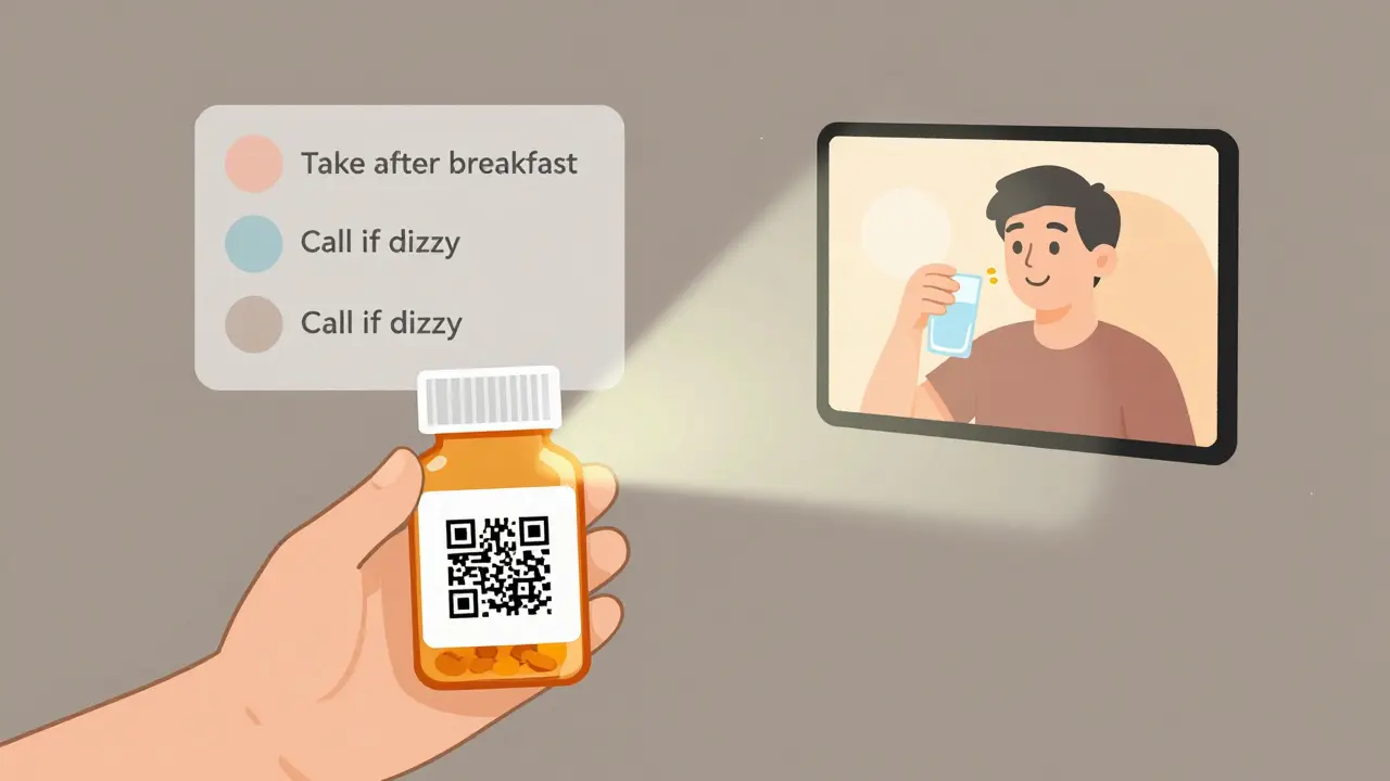 QR code on pill bottle projecting plain-language video instructions in mid-air.
