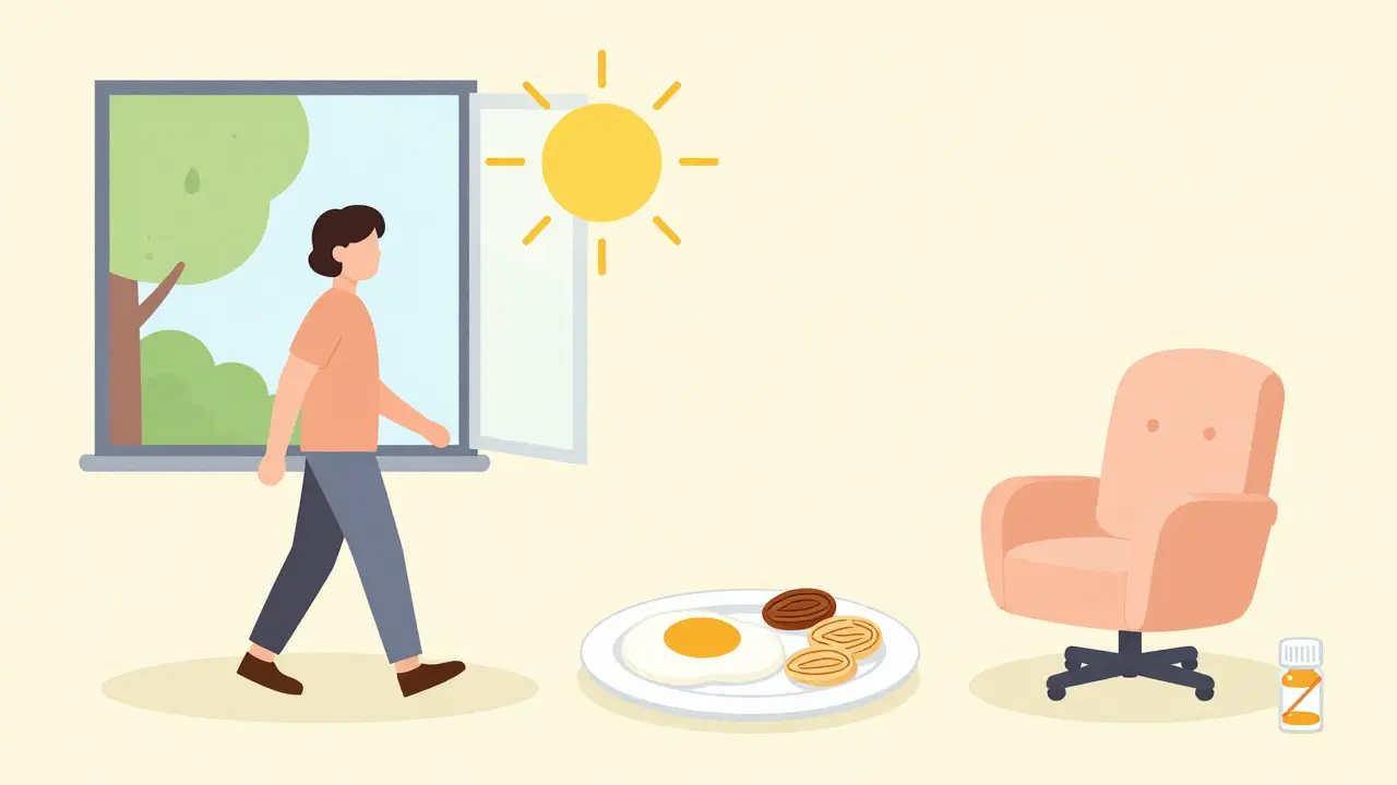 Safe mood-boosting alternatives: sunlight, food, therapy chair, with crossed-out supplement bottle