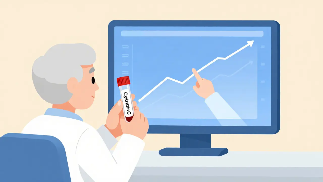 Senior holding cystatin C blood test as doctor points to accurate kidney curve on screen.
